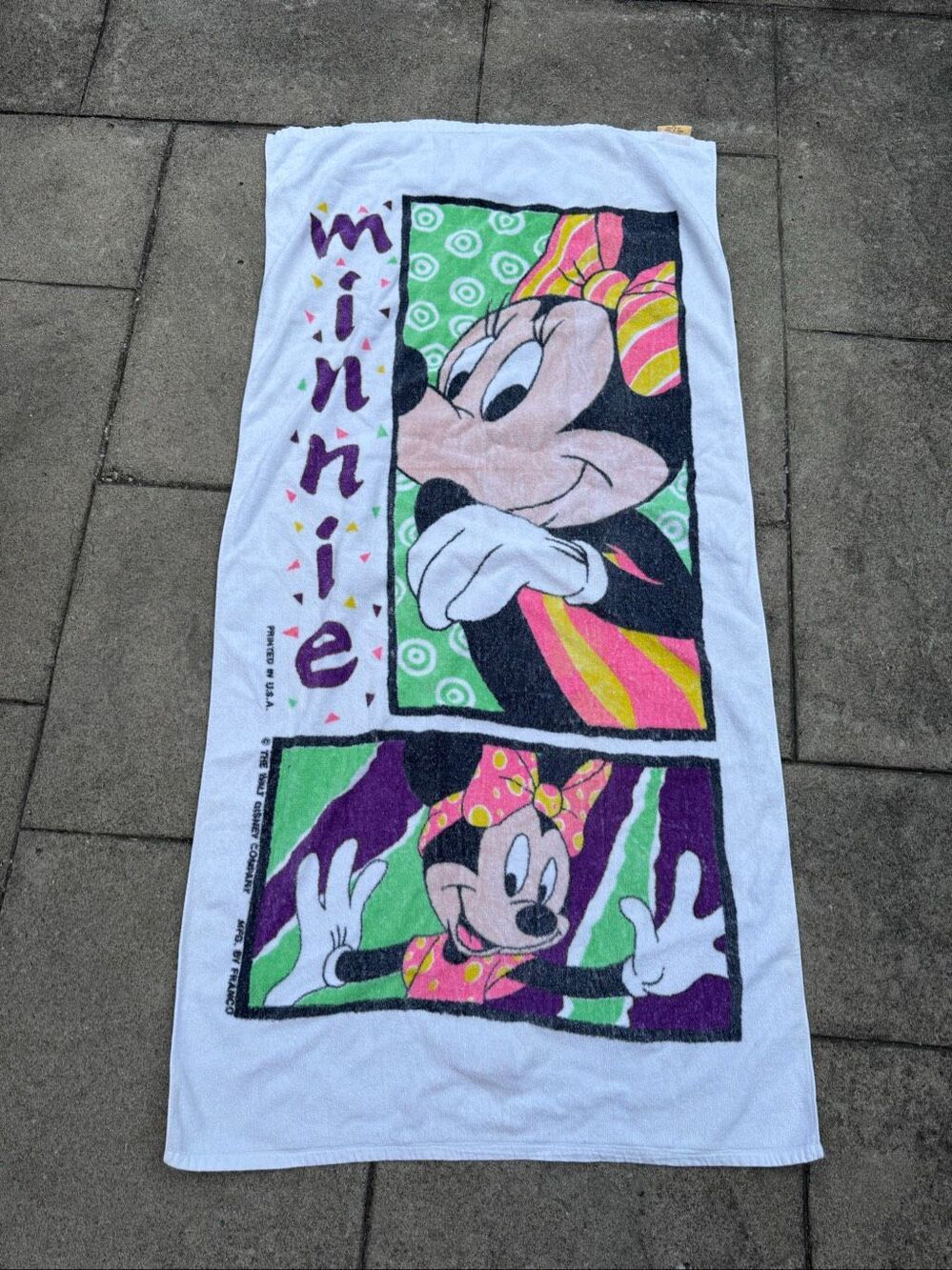 Vintage 90s Disney Minnie Mouse Franco Beach Towel Neon Colorful 28x55